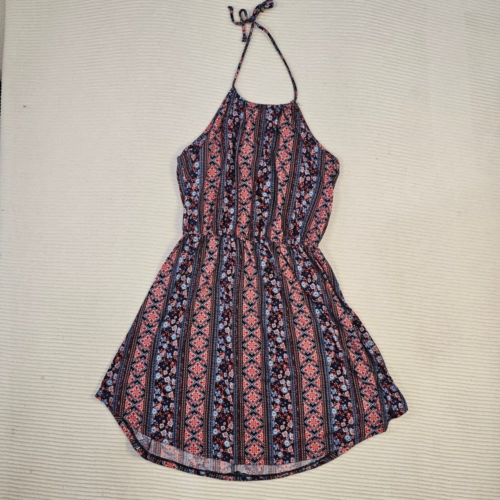 No Boundaries Womens Medium Halter Neck Boho Geometric Floral Mini DressBlue Red